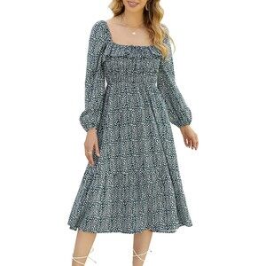 GloryStar Square Neck Smocked Midi Dress Long Sleeve Dress Sz S